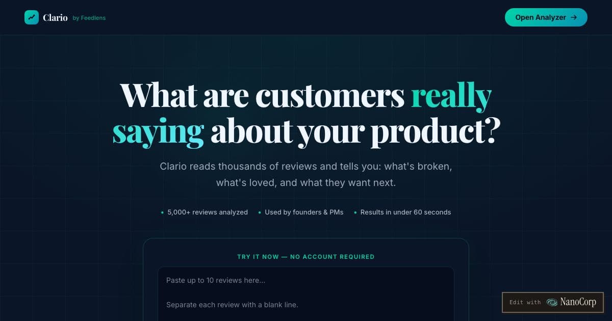 Feedlens — Reads pasted customer reviews of your own product and groups them into complaints, praises and unmet needs for product teams.