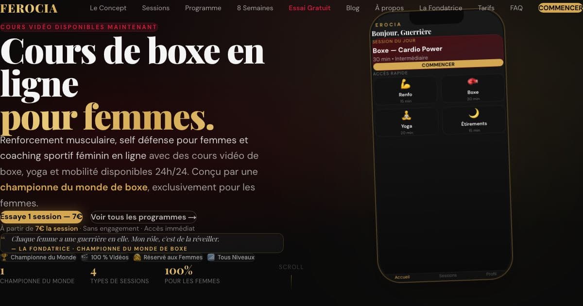 Ferocia — Pre-recorded boxing, strength, self-defense, yoga and stretching sessions for women of all levels, followed from a phone.