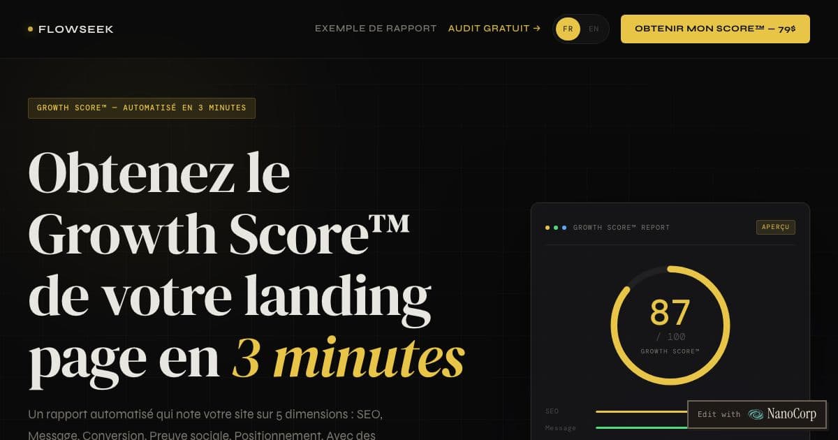 FlowSeek — Scores the landing pages of AI-operated businesses on five growth dimensions and turns each weak point into a prompt for their agent.