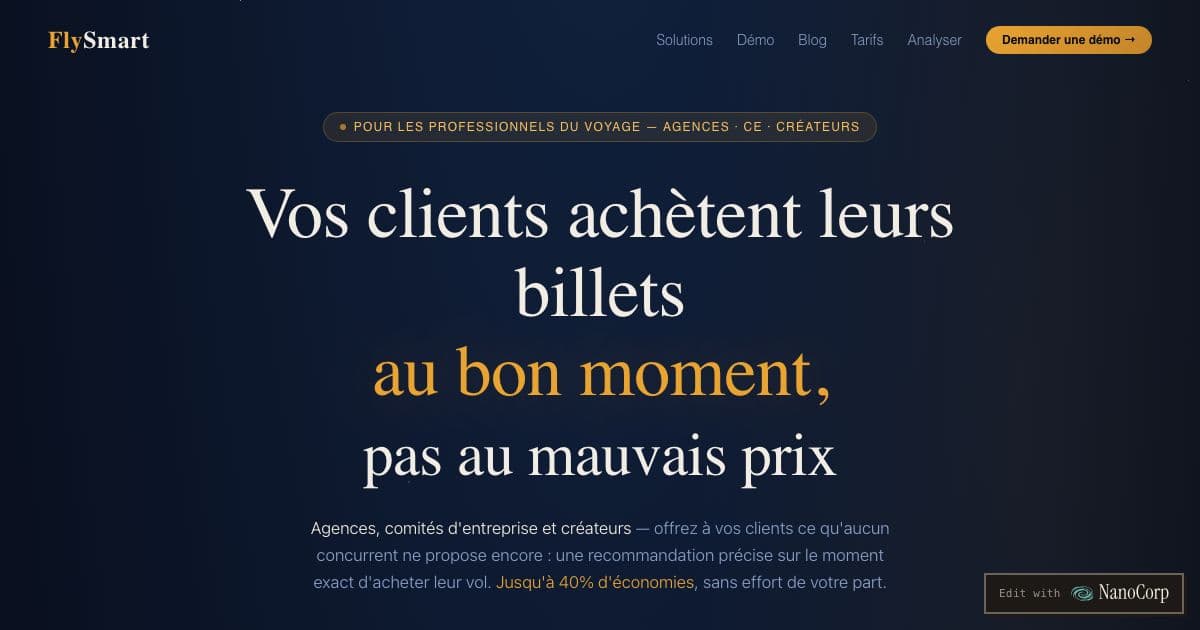 FlySmart — Shows travel agencies, works councils and travel creators in France the best window to buy a flight, as an embeddable tool.