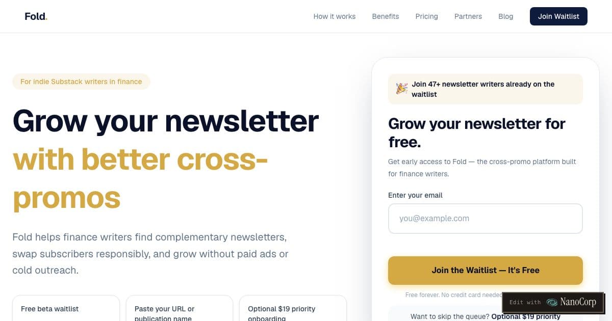 Fold — Matches indie Substack writers covering personal finance for freelancers and founders so they can trade subscriber segments.