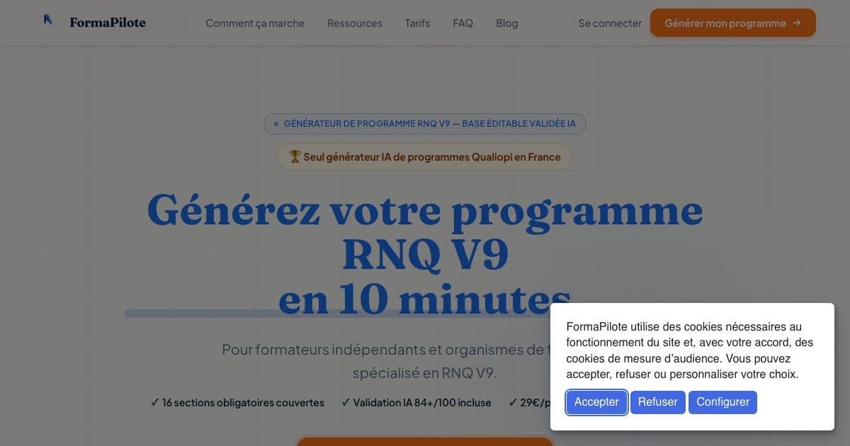 FormaPilote — Drafts editable training programs structured for France's Qualiopi quality standard, for independent trainers and training organisations.