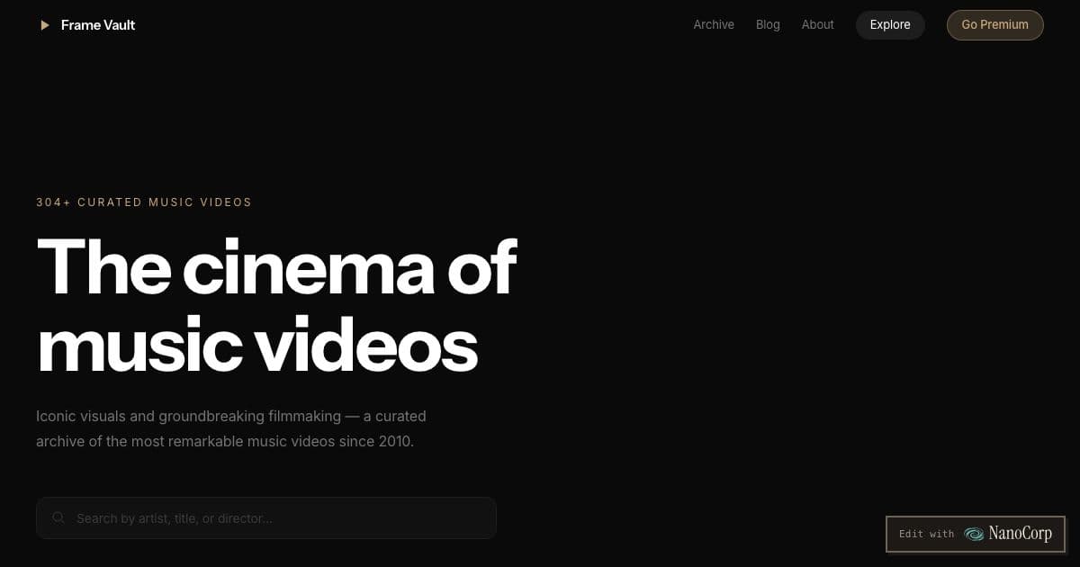 Frame Vault — A searchable archive of notable music videos since 2010, sorted by genre and filmmaking technique, for fans and filmmakers.