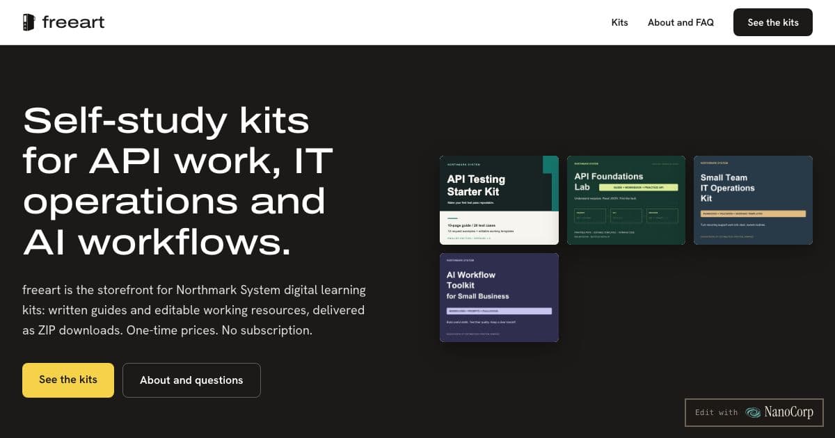 freeart — Sells self-study kits of PDF guides and editable templates for API work, small-team IT operations and AI workflows.