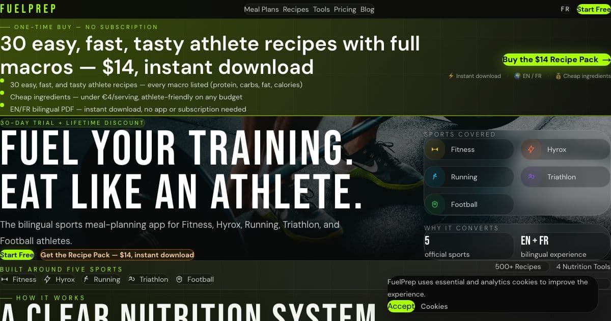 FuelPrep — Batch-cooking recipes and nutrition tools for amateur athletes, with macros and cost per serving on every meal.