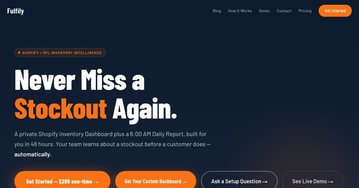 Fulfily — Sets up a private Shopify inventory dashboard and daily low-stock report for third-party logistics warehouses.