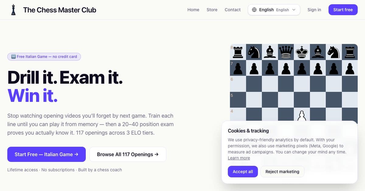 Gambitly — Teaches chess players one opening at a time through move-by-move drills against an engine and a graded exam, with lifetime access.