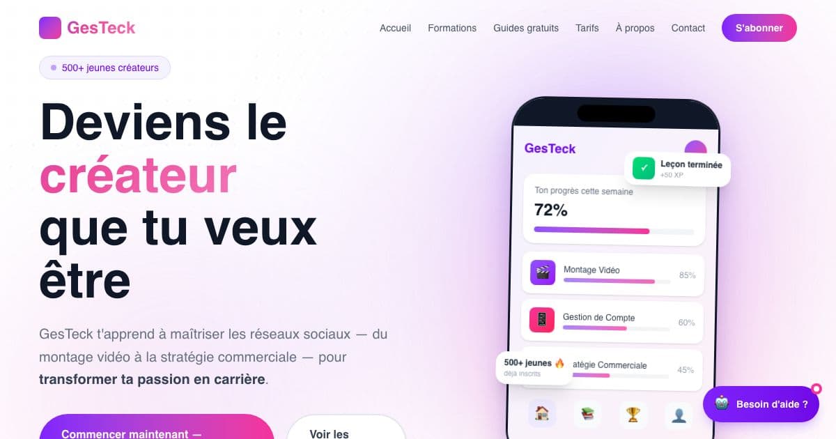 GesTeck — Online lessons with quizzes that teach young creators video editing, social account management and how to earn from an audience.