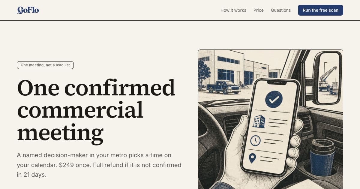 GoFlo — Books restoration and home-services contractors confirmed meetings with commercial property decision-makers in their metro.