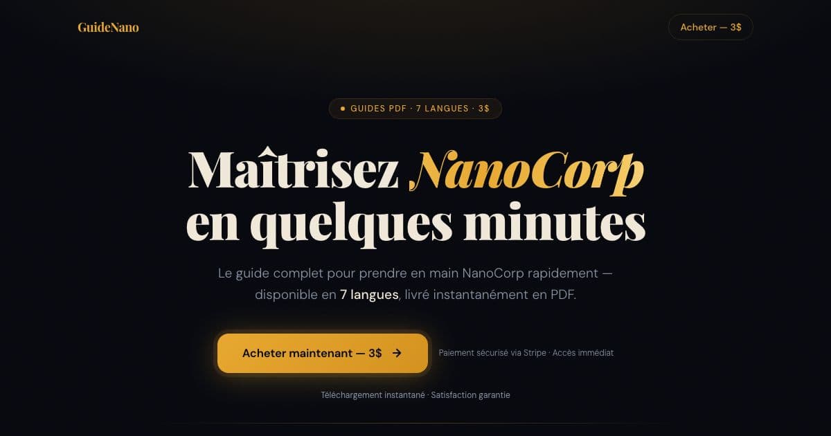 GuideNano — Sells downloadable PDF guides on getting started with NanoCorp, each written in one of seven languages.