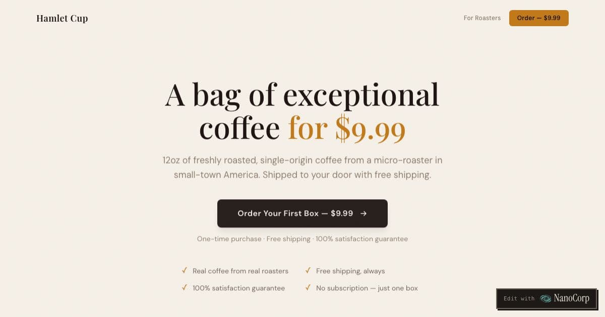 Hamlet Cup — Ships coffee from tiny roasters in small US towns to drinkers who want beans they won't find on grocery shelves.