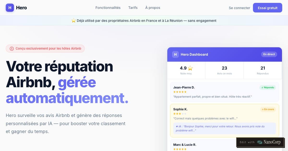 Hero — Monitors Airbnb reviews for hosts in France and Réunion and drafts personal replies in each host's style for approval.