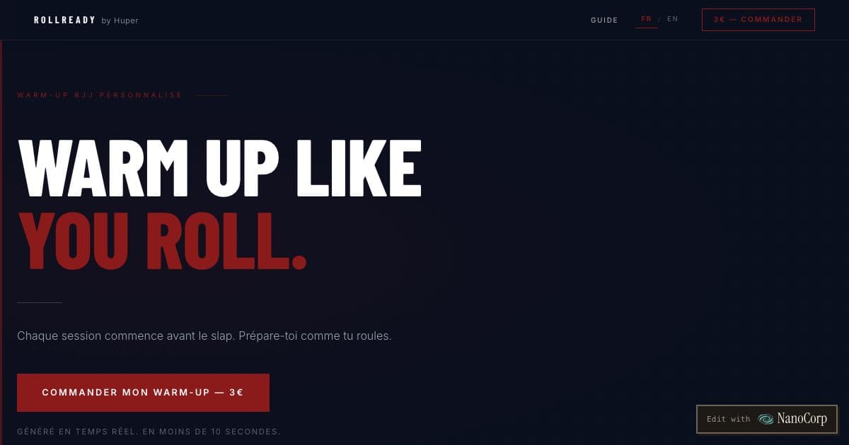 RollReady by Huper — Generates a warm-up for Brazilian Jiu-Jitsu practitioners, tailored to their belt, game, past injuries and session goal.
