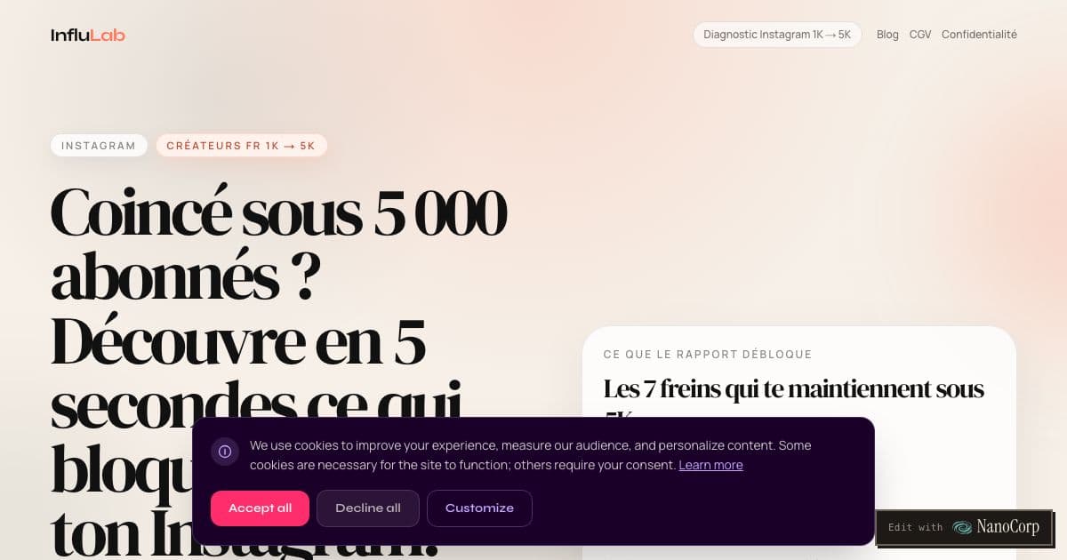 InfluLab — AI diagnosis of public Instagram profiles for French-speaking creators stuck between 1,000 and 5,000 followers.