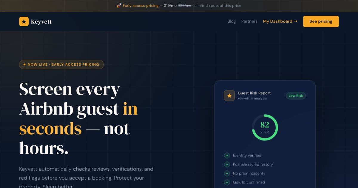 Keyvett — Scores Airbnb guests from their public profile before a host accepts a booking, for landlords with one to five properties.