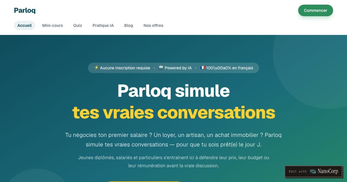 Konfio — Lets French speakers rehearse salary, rent, car and job interview negotiations against an AI that plays the other side.