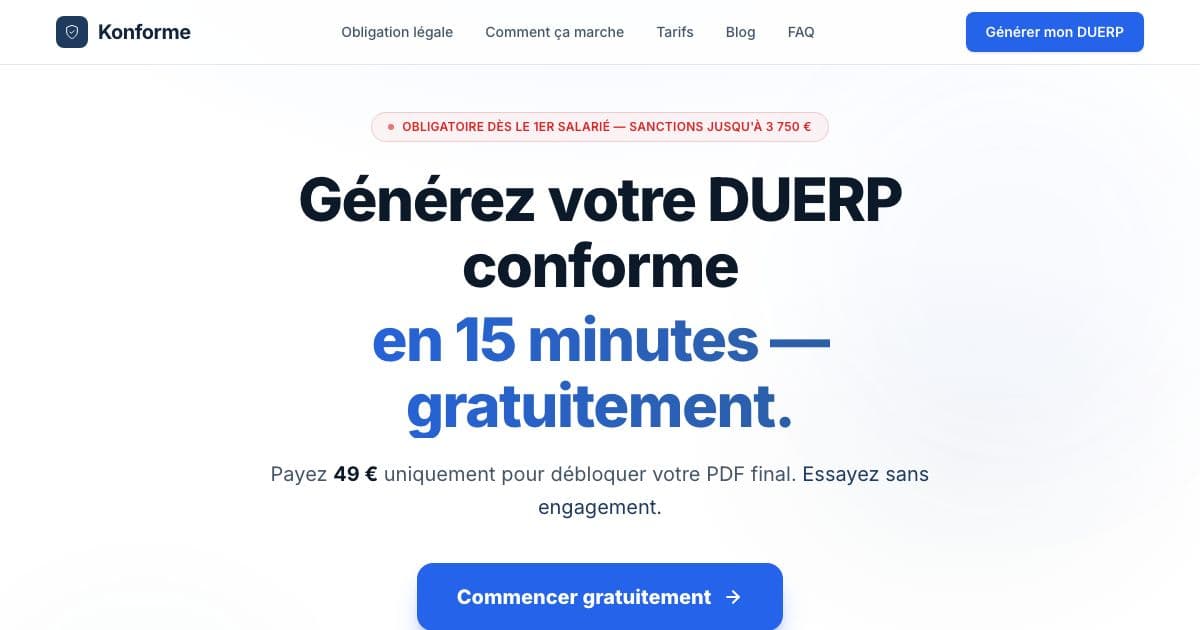 Konforme — Generates the mandatory workplace risk assessment document for French businesses from a 15-minute guided questionnaire.