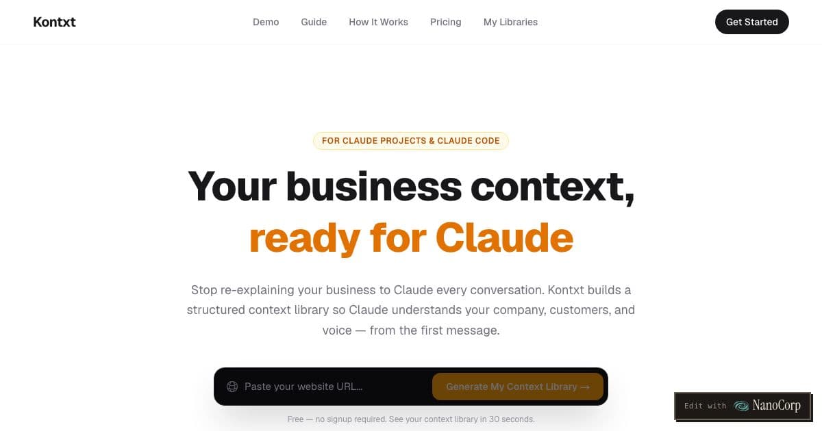Kontxt — Builds a structured business context library from guided questions, for founders and operators who work with Claude.