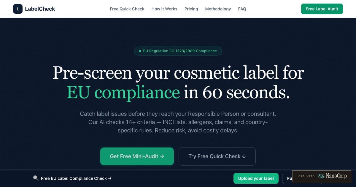 LabelCheck — Checks cosmetic product labels against EU cosmetics rules and lists each issue with its legal reference and a fix.