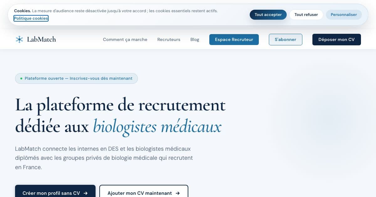 LabMatch — A French recruitment platform matching medical biology residents and biologists with private laboratory groups that are hiring.