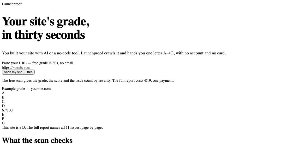 Launchproof — Crawls a website made with an AI or no-code builder and gives it a letter grade before launch, with no account needed.