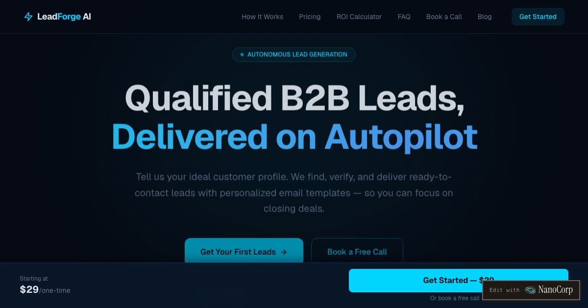 LeadForge AI — Autonomous B2B lead generation that finds, verifies, and delivers qualified prospects with cold email templates for small businesses and agencies.
