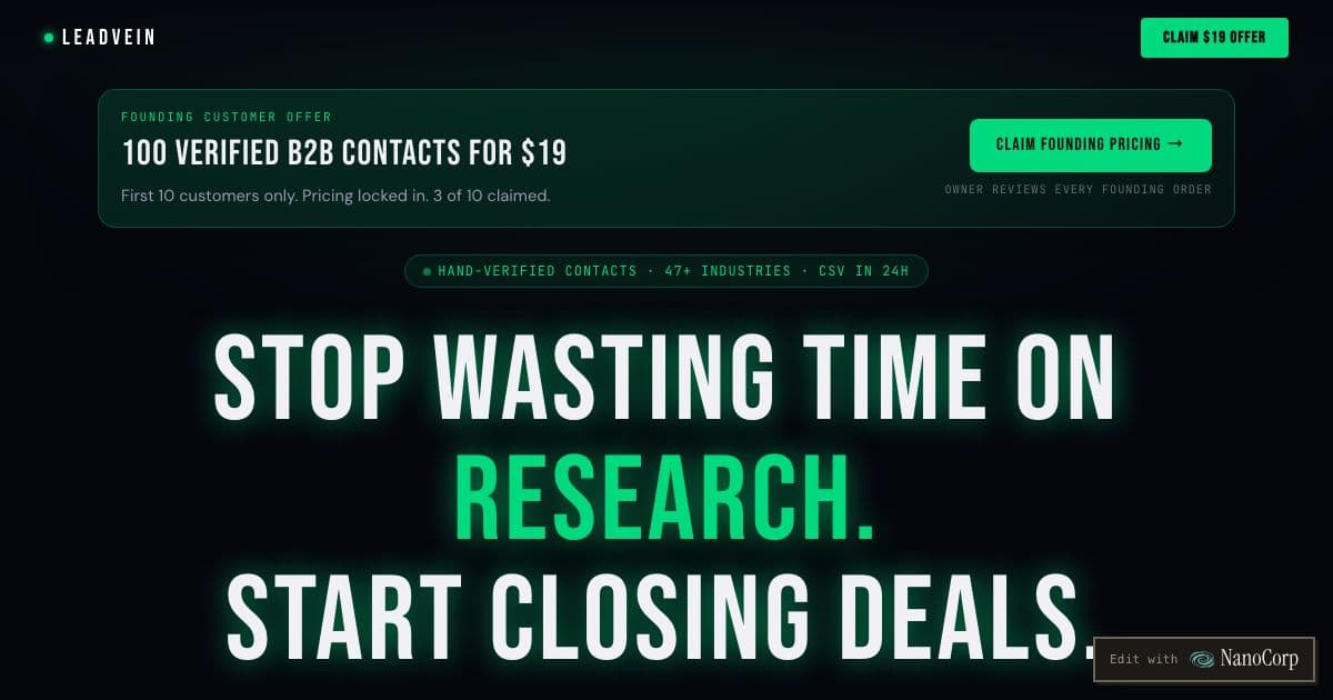 LeadVein — Curated and verified B2B sales lead lists across many industries, delivered fast as CSV files for founders, sales teams, and agencies.