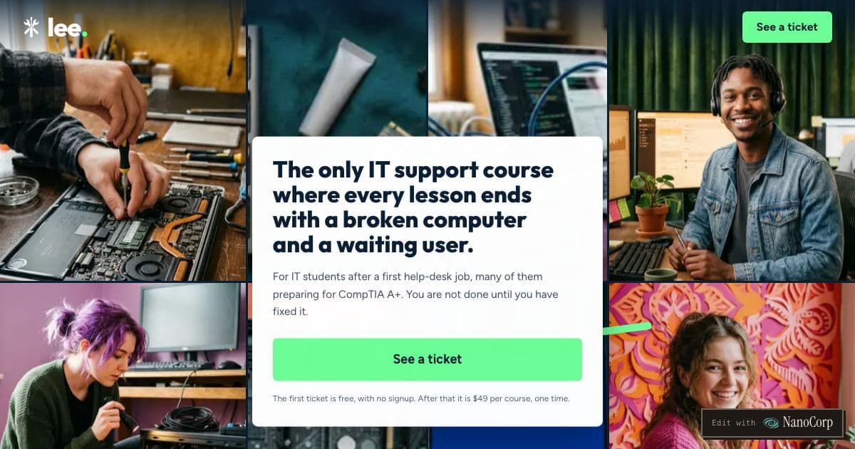 lee — A practice course where IT students fix realistic broken-computer tickets before working a real help desk.