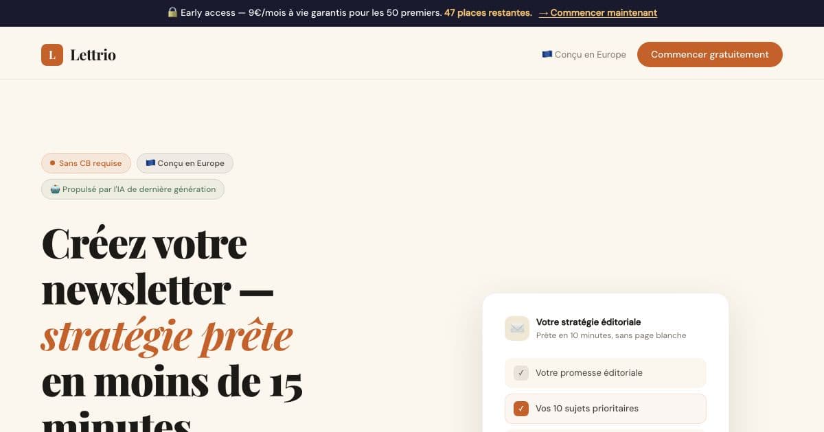 Lettrio — Turns a questionnaire about a freelancer's trade and audience into a newsletter strategy, ten topics and draft editions.
