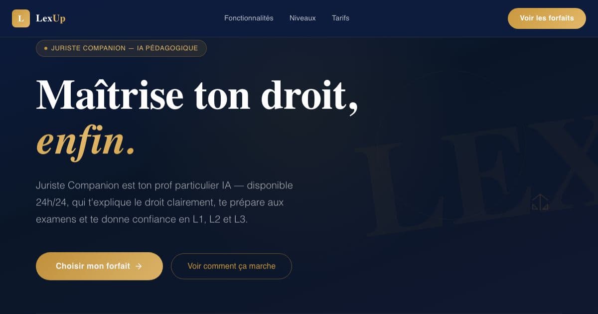 LexUp — AI study companion for French undergraduate law students in L1 to L3, with revision sheets, adaptive quizzes and plain explanations.