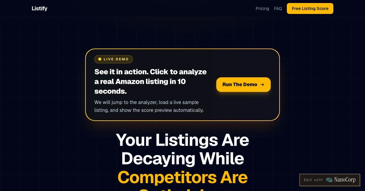 Listify — Audits small Amazon sellers' product listings and proposes rewritten copy on a schedule, applied only after the seller approves.
