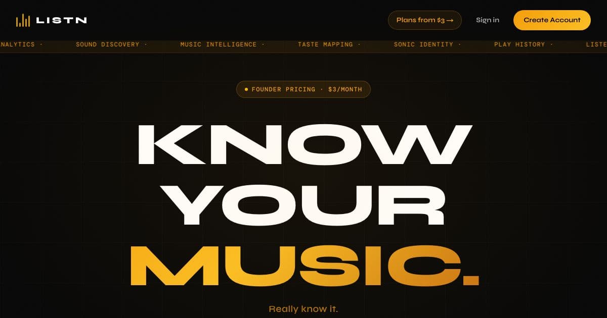Listn — A companion web app that turns a Spotify or Deezer play history into listening stats, recommendations and a public stats page.