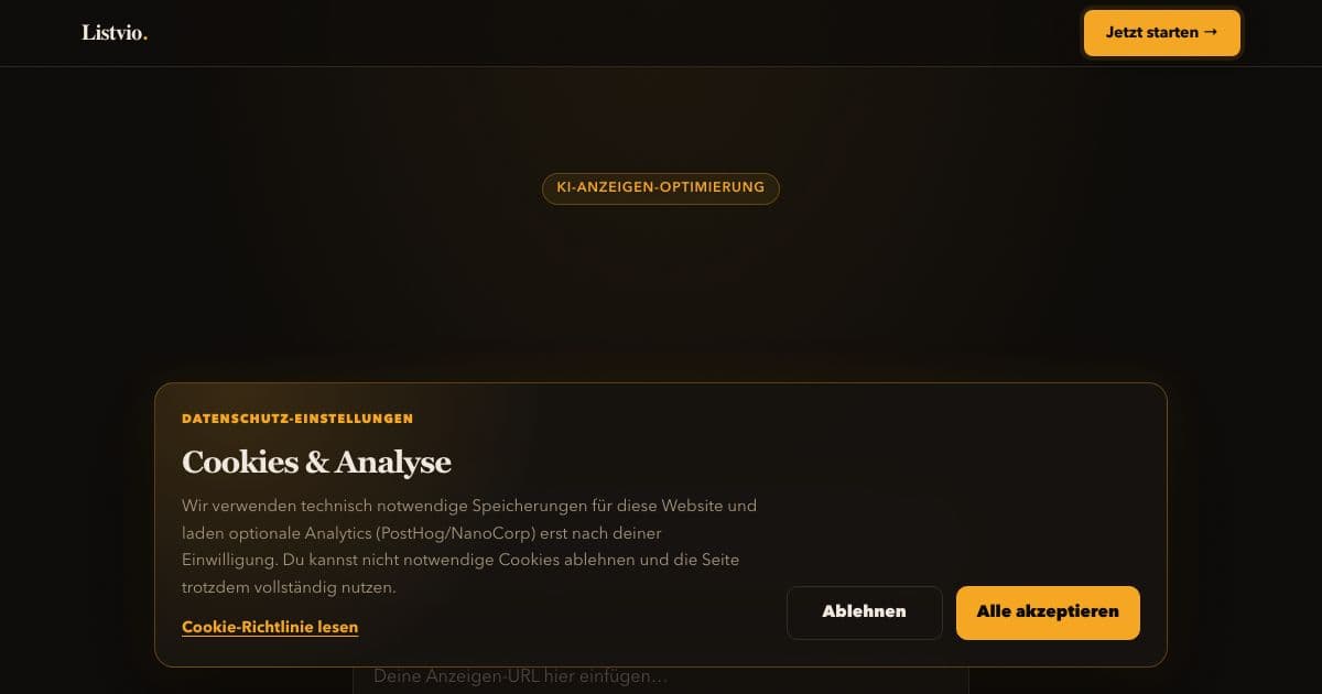 Listvio — Analyzes a seller's eBay, Vinted or Kleinanzeigen listing and returns a price check, photo advice and a rewritten title and description.