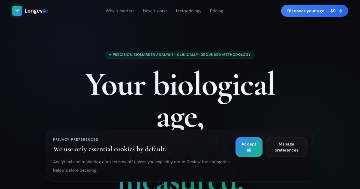 LongevAI — An online tool that estimates a person's biological age from a selfie and a short questionnaire, returning a score and guidance.