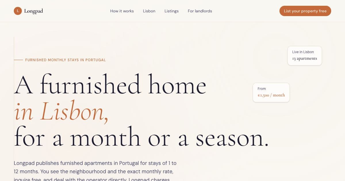 Longpad — Lists furnished apartments in Portugal for stays of one to twelve months, for remote workers who deal directly with operators.