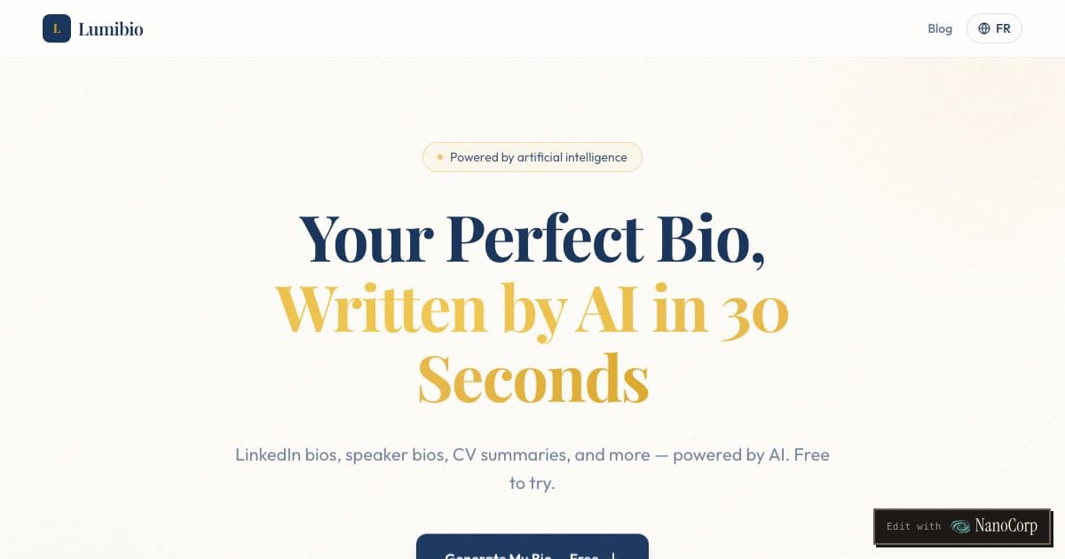 Lumibio — Writes LinkedIn bios, speaker bios, CV summaries and website bios with AI, in English or French, for working professionals.