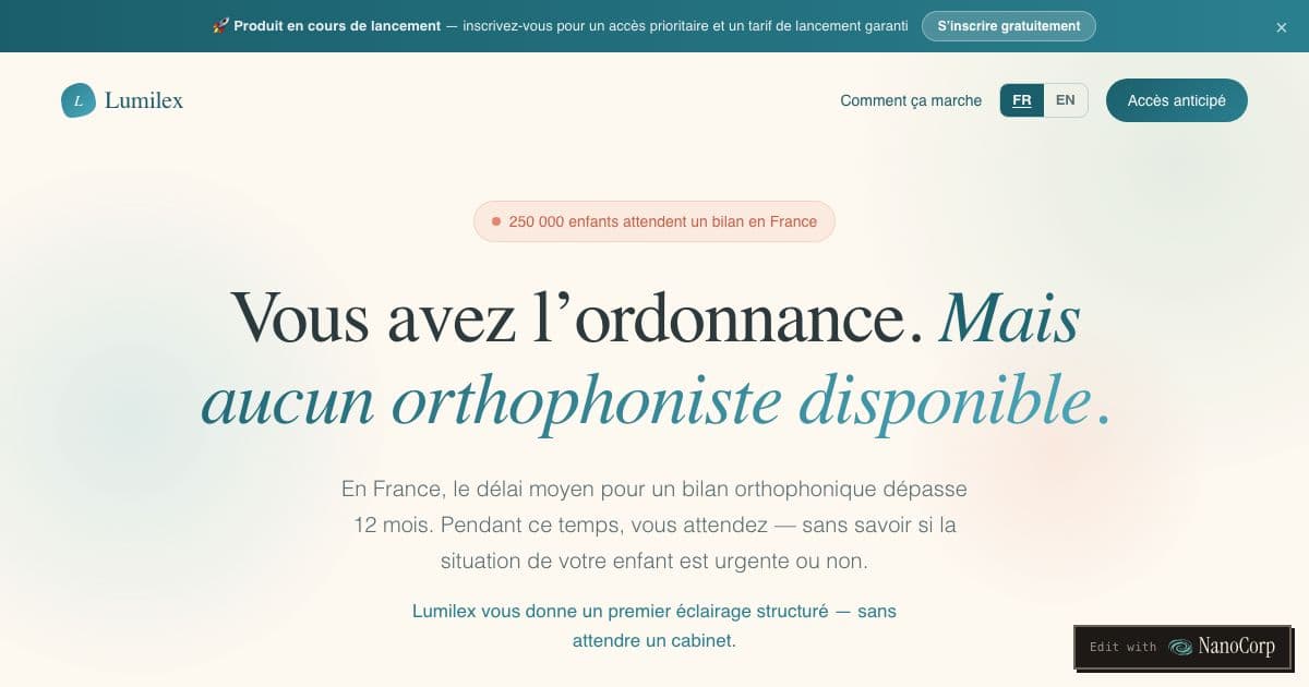 Lumilex — A single AI session that gives parents a structured first report on a young child's language while they wait for a specialist.