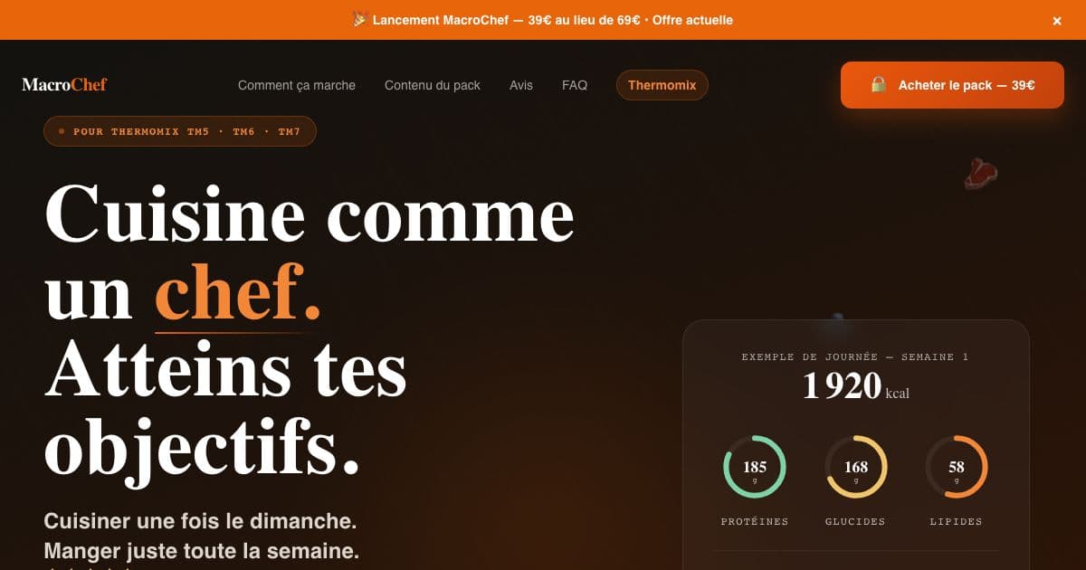 MacroChef — A 14-day meal plan for French Thermomix owners, with recipes whose protein, carbs and fat are already calculated per portion.