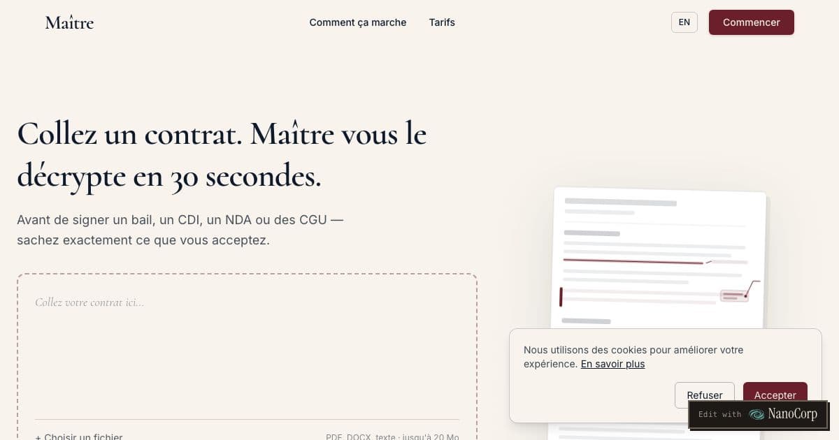 Maître — Analyzes contracts and returns risk scores, redline edits and negotiation points for freelancers, small businesses and consumers in Europe.