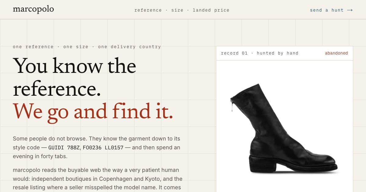 marcopolo — Finds a specific garment by its style code, in the buyer's size, and ranks new and secondhand offers by delivered price.