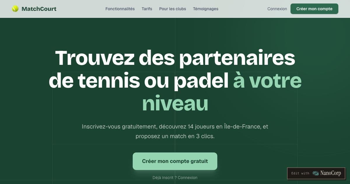 MatchCourt — Matches tennis and padel players in a club with partners of the same level and finds time slots when both are free.