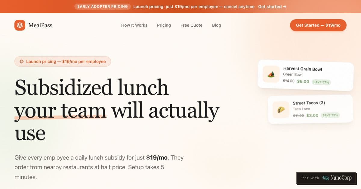 MealPass — Connects employers, their staff and nearby restaurants so that the company pays part of each worker's lunch.