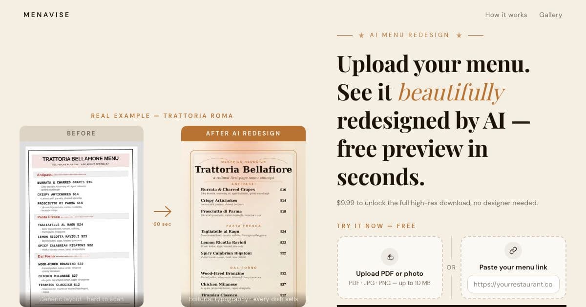 Menavise — Turns an independent restaurant's existing menu into an AI redesign, previewed free before the owner pays to unlock it.
