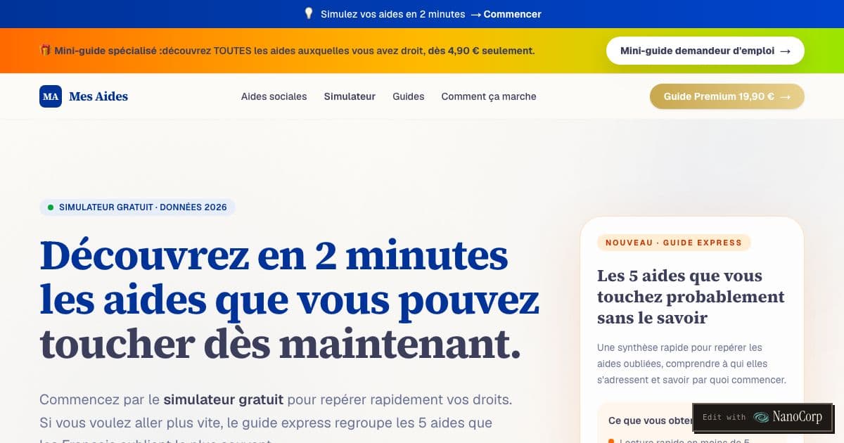 Mes Aides — Explains French social benefits and the steps to claim them, with a free simulator for people in France facing the paperwork.