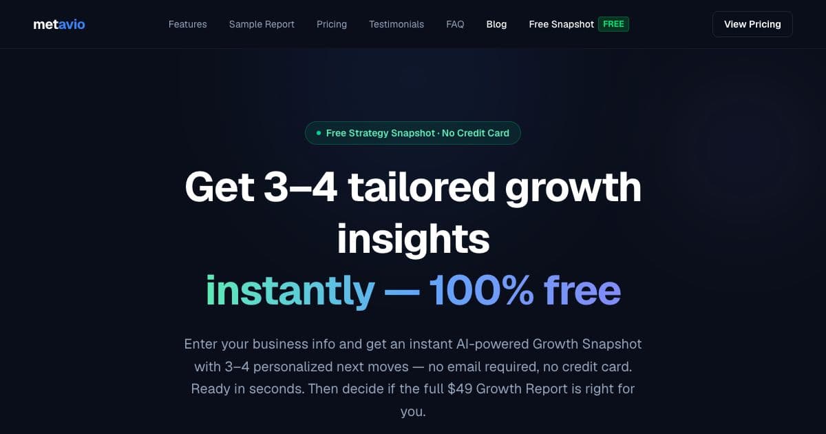 Metavio — AI-powered business strategy reports and growth roadmaps for solo entrepreneurs and small business founders worldwide.
