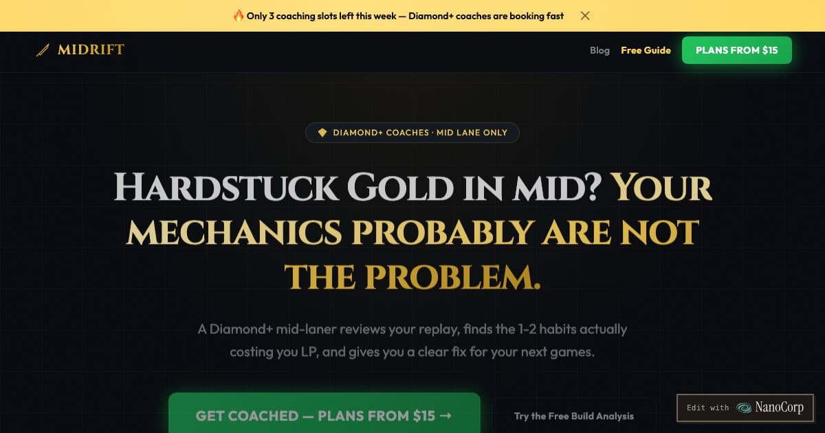 Midrift — Replay reviews and champion pool advice for League of Legends mid-lane players stuck in the Gold rank.