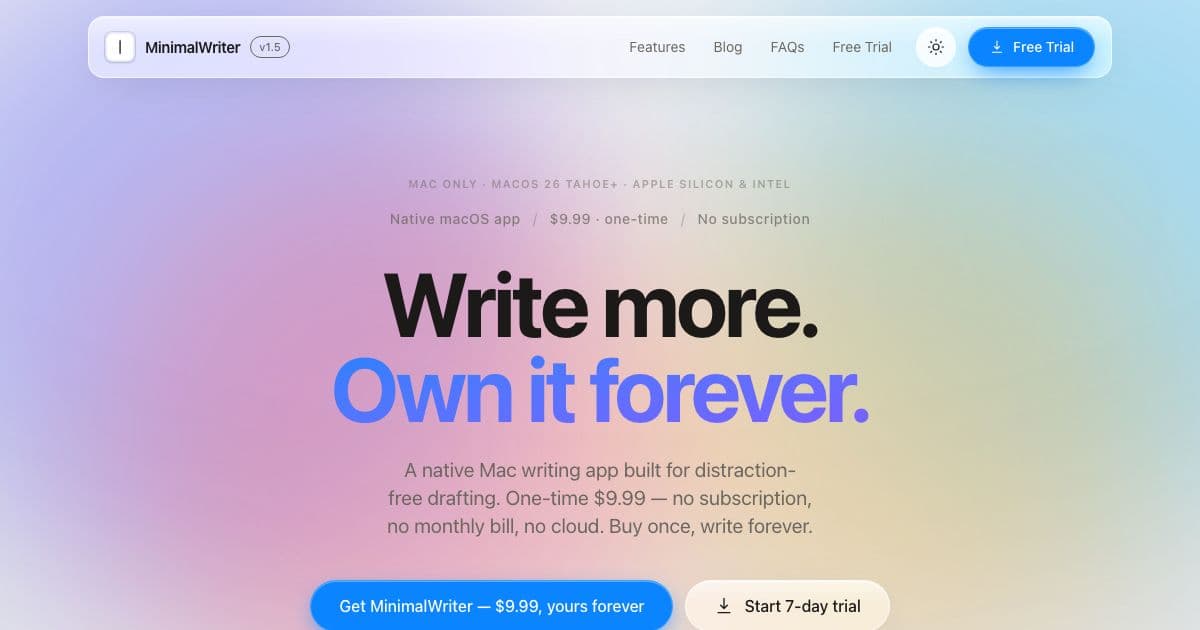 MinimalWriter — A native macOS writing app that saves plain Markdown files locally and suggests sentence endings with an on-device AI model.