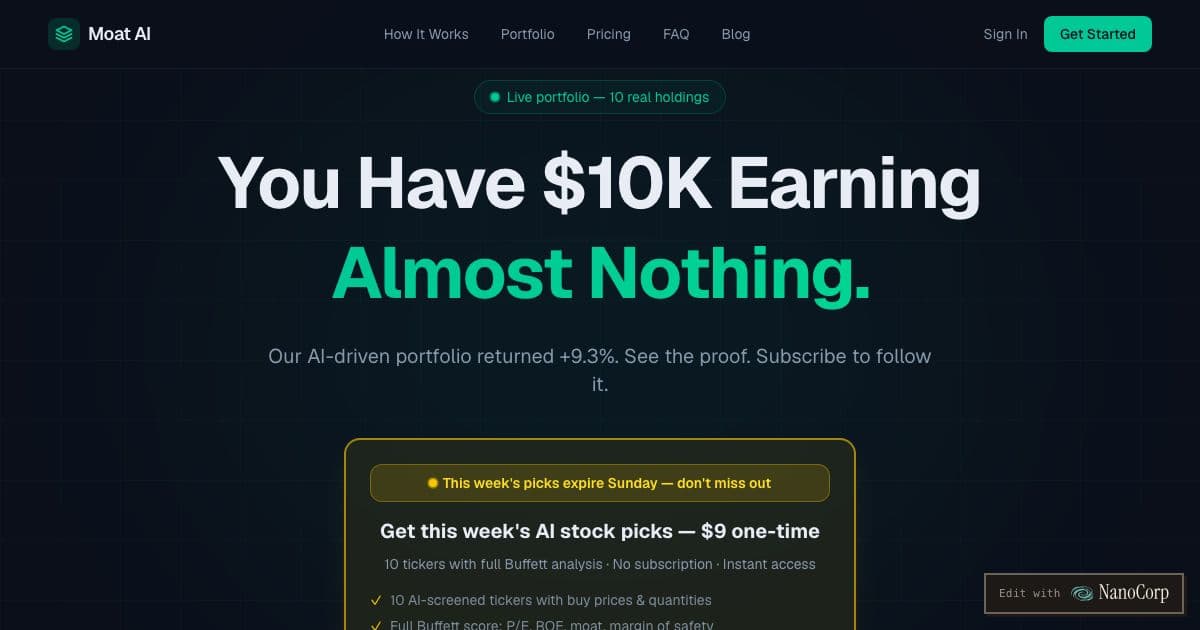 Moat AI — AI agents screen world stock markets with value investing criteria and track a model portfolio with real prices and fees.