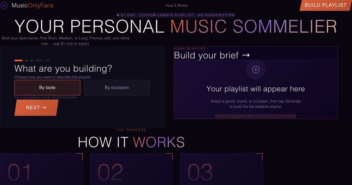 MusicOnlyFans — Builds an editable playlist of real songs from a short brief about musical taste or an occasion, ready to export.