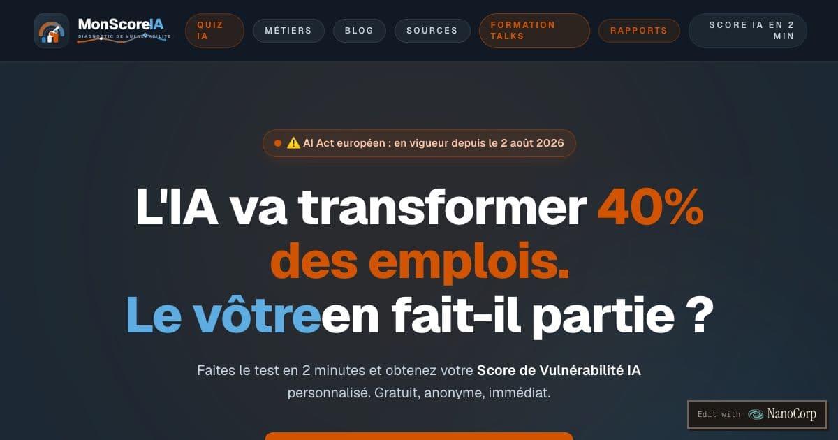 MonScoreIA — A free online quiz that scores how exposed a professional's job and daily tasks are to automation by AI.